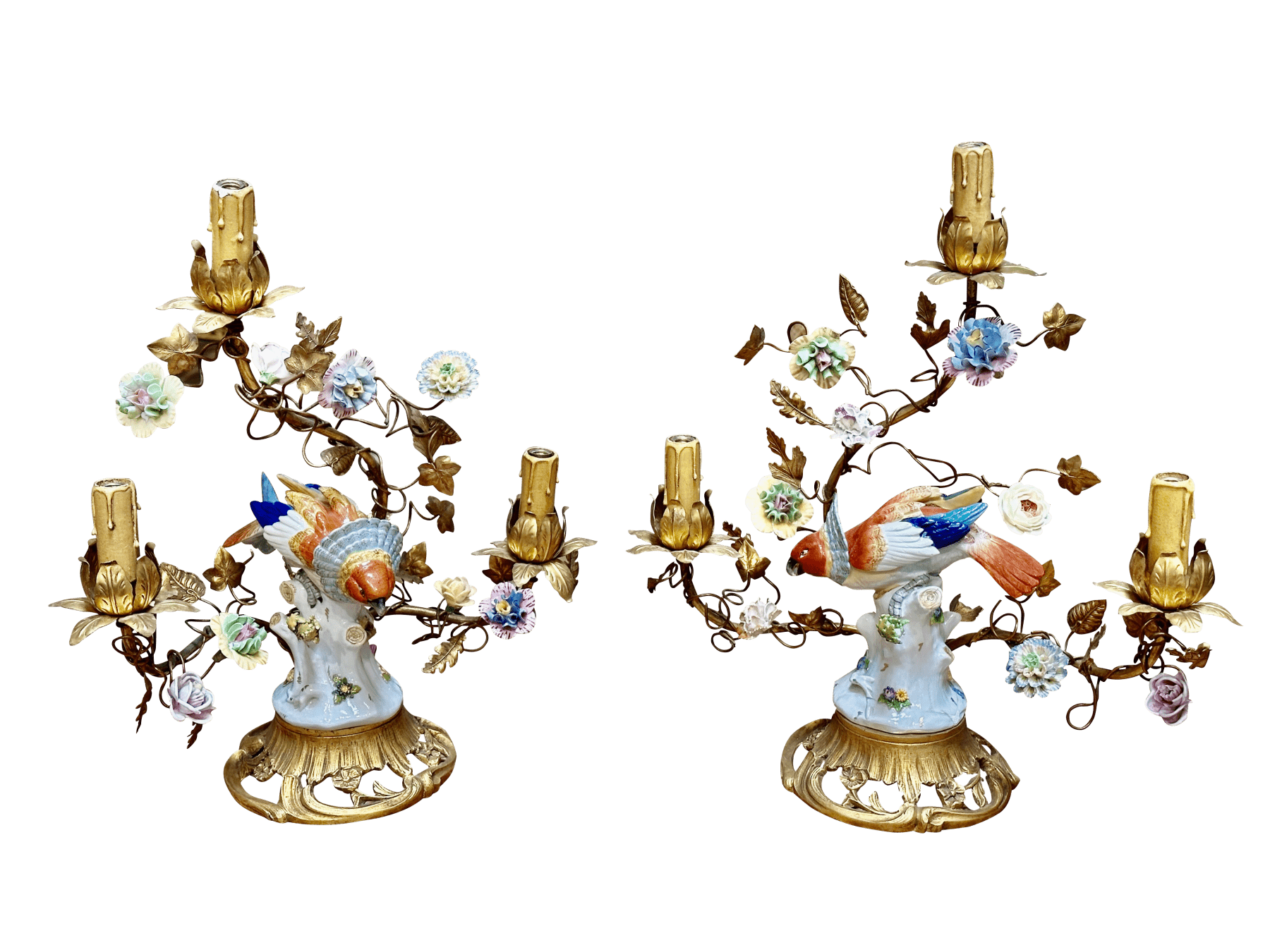 Pair of Volkstedt parrots mounted on French gilt table lamp, c. 1900