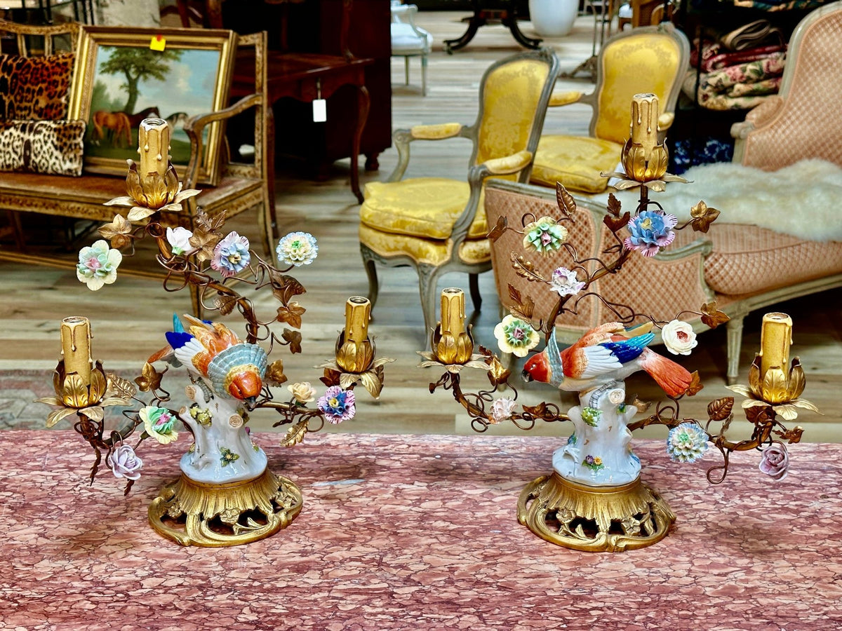 Pair of Volkstedt parrots mounted on French gilt table lamp, c. 1900 - Helen Storey Antiques