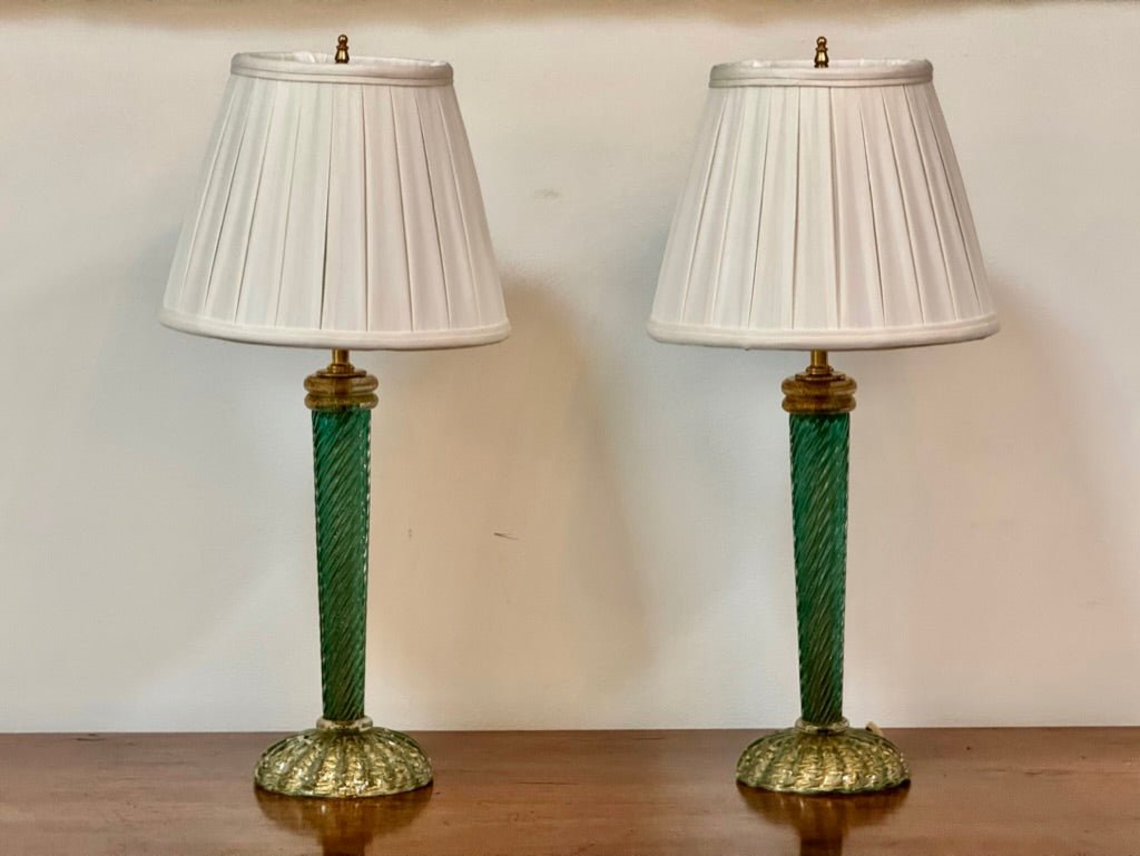 Pair twist green and gold Murano lamps - Helen Storey Antiques