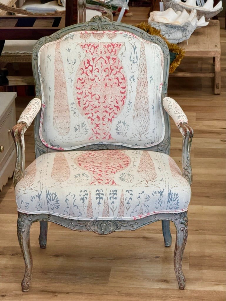 Period Louis XV polychrome Fauteuil Upholstered in Penny Morrison - Helen Storey Antiques