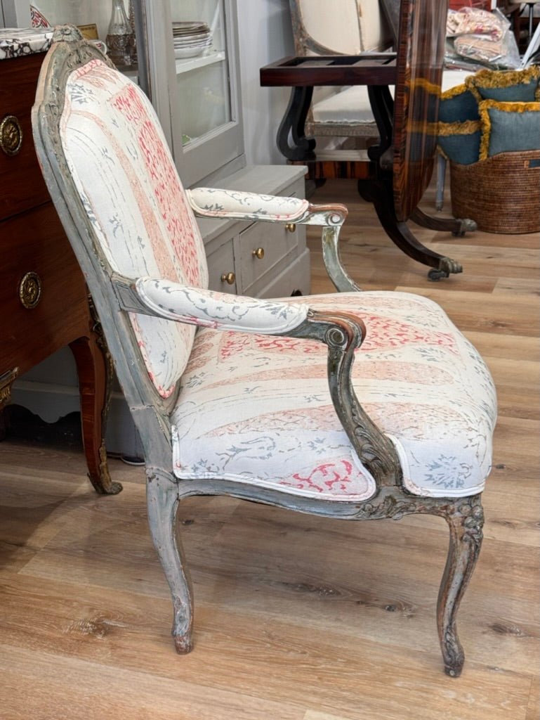 Period Louis XV polychrome Fauteuil Upholstered in Penny Morrison - Helen Storey Antiques