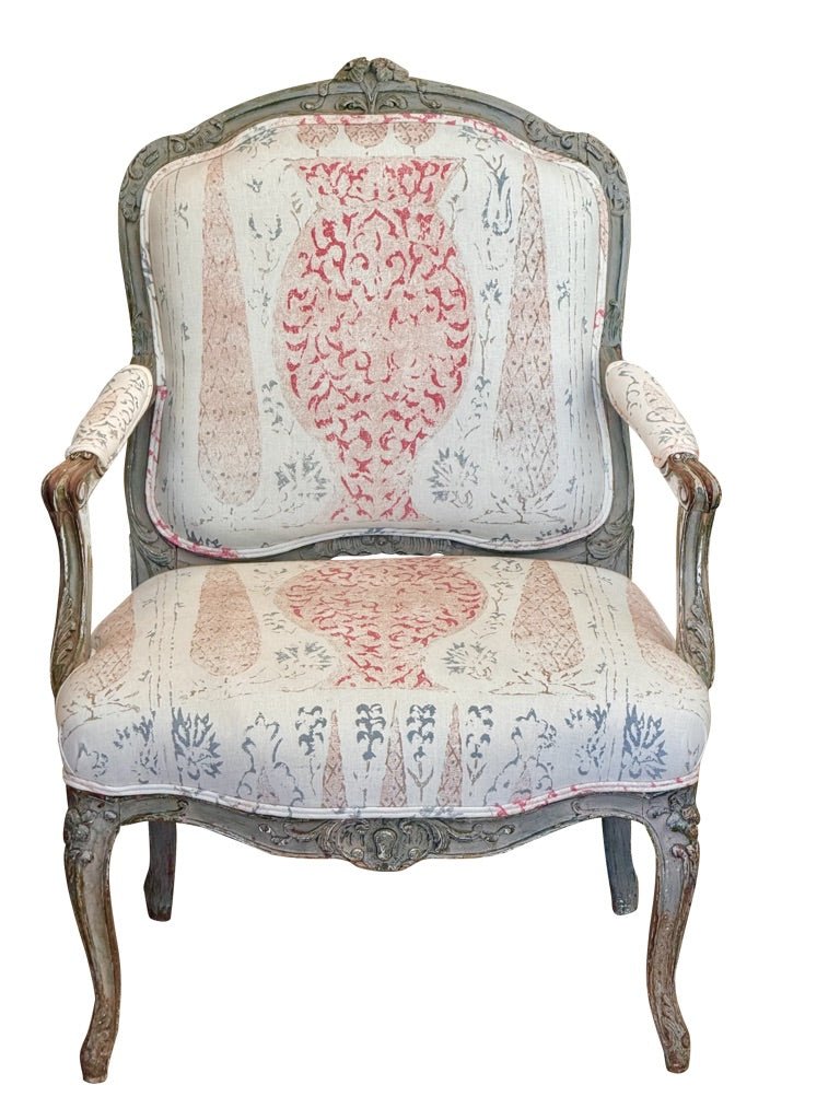 Period Louis XV polychrome Fauteuil Upholstered in Penny Morrison - Helen Storey Antiques