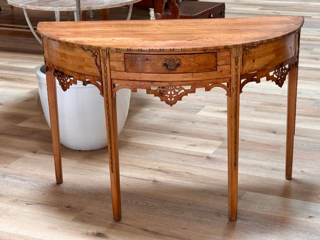 Pine Demilune Console Table With Fretwoork Details, Late 19th C. - Helen Storey Antiques