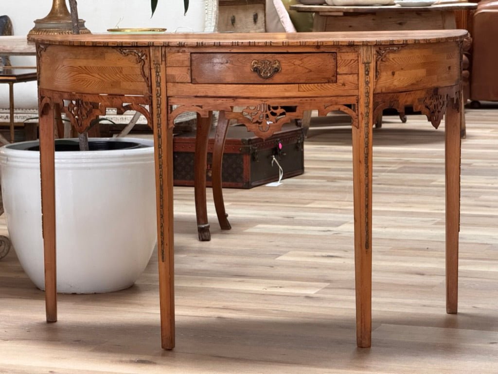 Pine Demilune Console Table With Fretwoork Details, Late 19th C. - Helen Storey Antiques