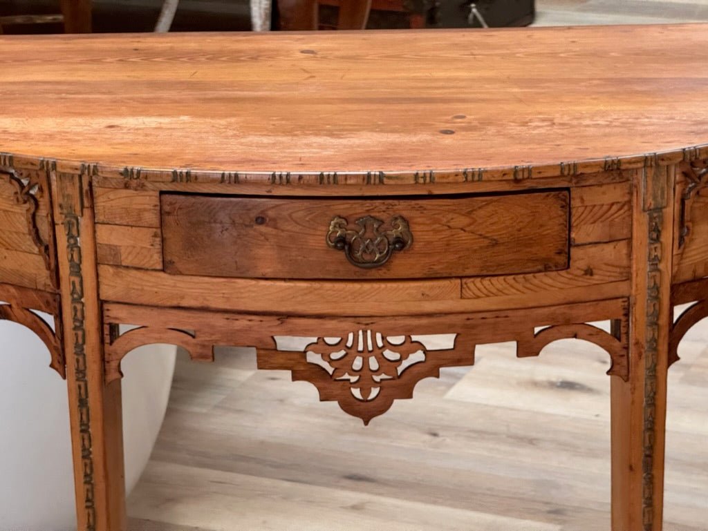 Pine Demilune Console Table With Fretwoork Details, Late 19th C. - Helen Storey Antiques