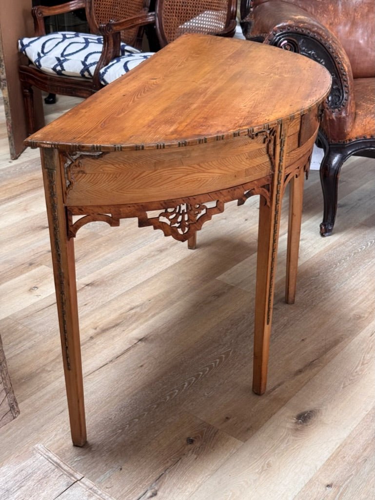 Pine Demilune Console Table With Fretwoork Details, Late 19th C. - Helen Storey Antiques