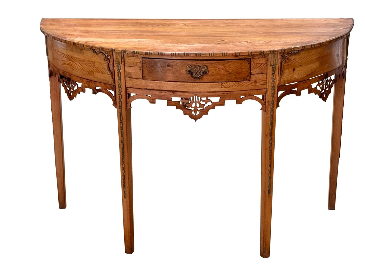 Pine Demilune Console Table With Fretwoork Details, Late 19th C. - Helen Storey Antiques