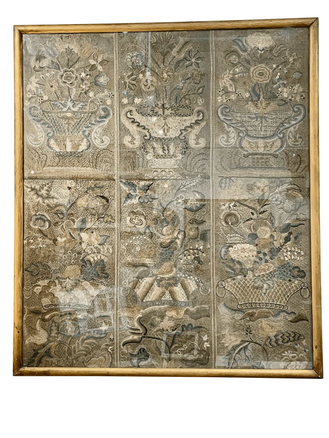 Rare Framed Six Panel Early Embroidery, 17th-18th C.