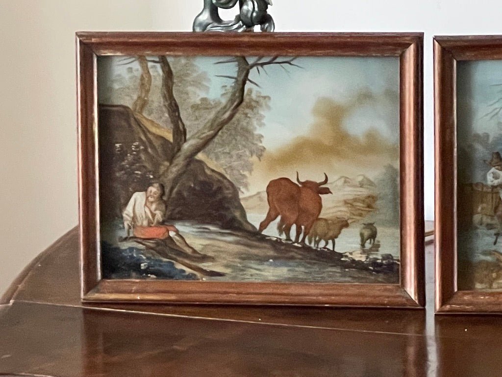 RARE Pair of 18TH CENTURY REVERSE GLASS Pastoral PAINTINGS - Helen Storey Antiques