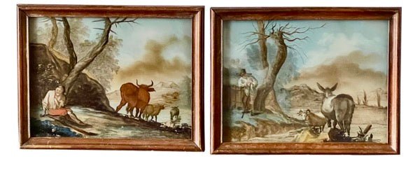 RARE Pair of 18TH CENTURY REVERSE GLASS Pastoral PAINTINGS