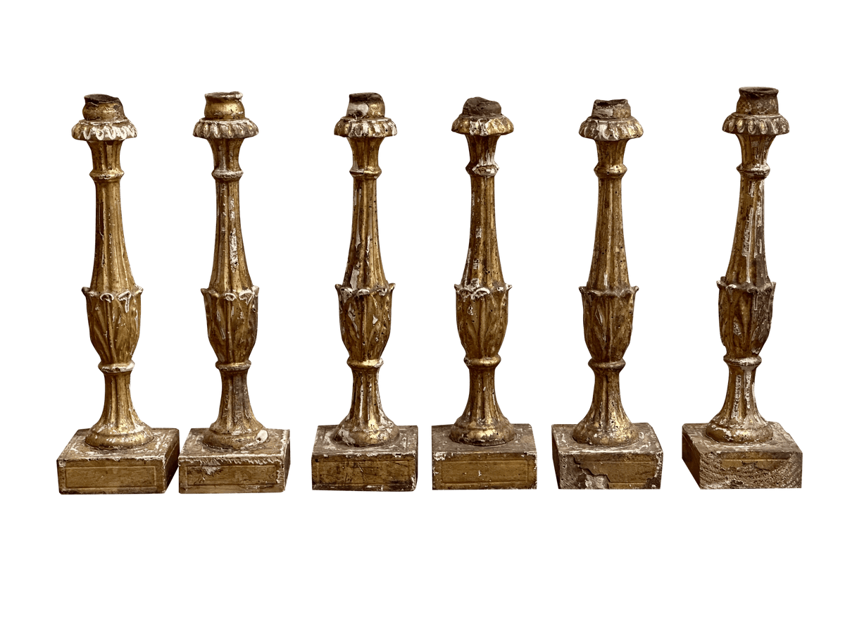 Rare set of Six Italian Carved Giltwood Candlesticks, 18th Century - Helen Storey Antiques