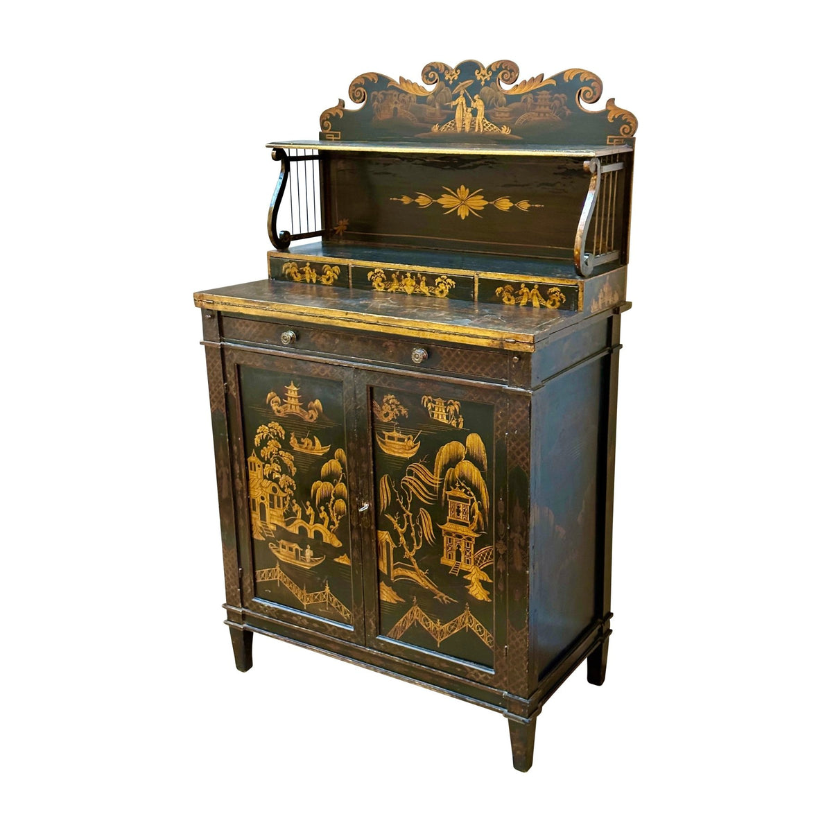 Regency Black Painted and Parcel - Gilt Chinoiserie Decorated Side Cabinet - Helen Storey Antiques