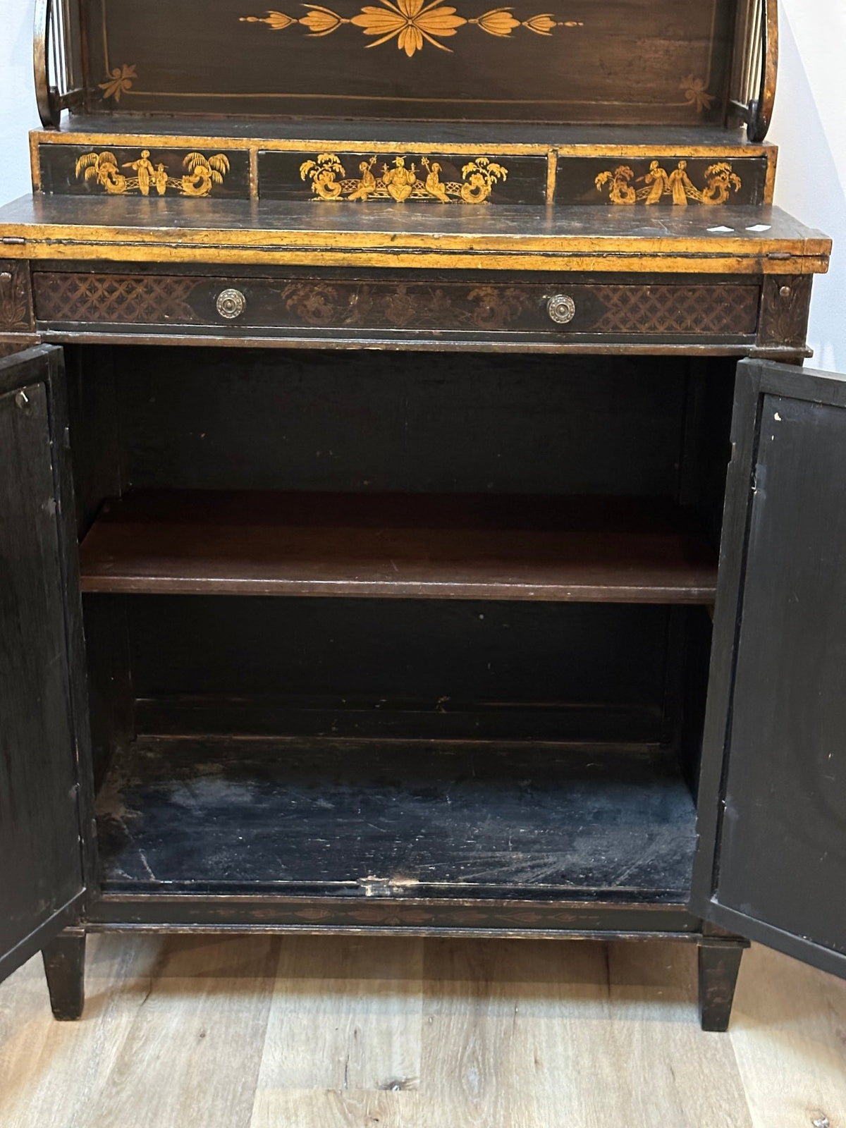 Regency Black Painted and Parcel - Gilt Chinoiserie Decorated Side Cabinet - Helen Storey Antiques