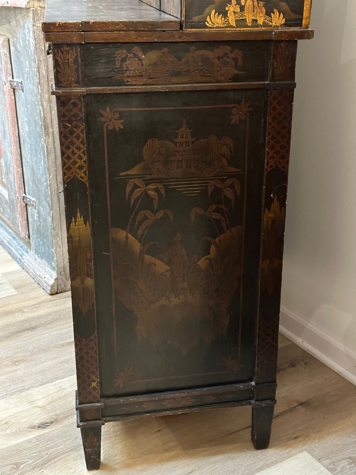 Regency Black Painted and Parcel - Gilt Chinoiserie Decorated Side Cabinet - Helen Storey Antiques