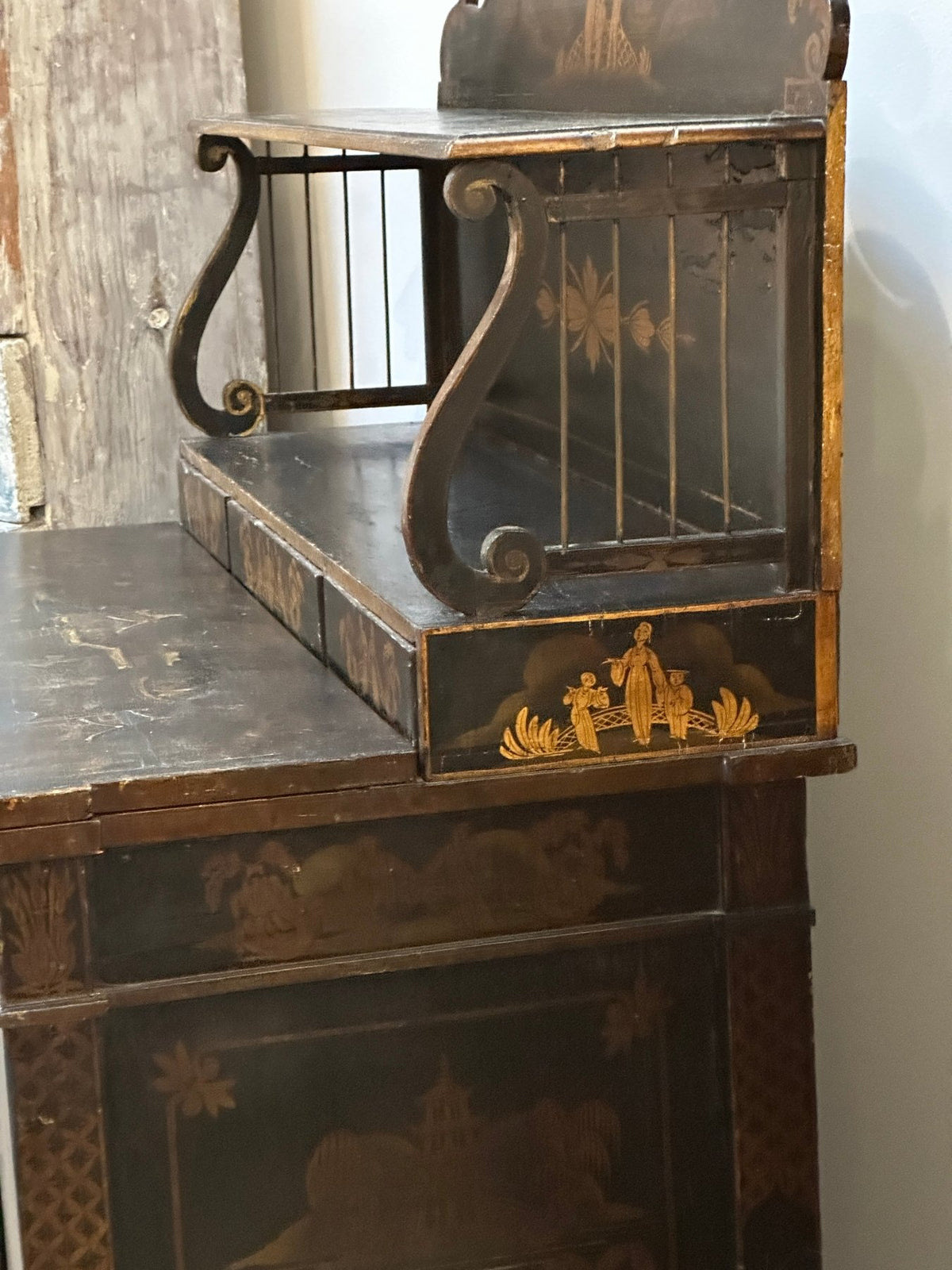 Regency Black Painted and Parcel - Gilt Chinoiserie Decorated Side Cabinet - Helen Storey Antiques