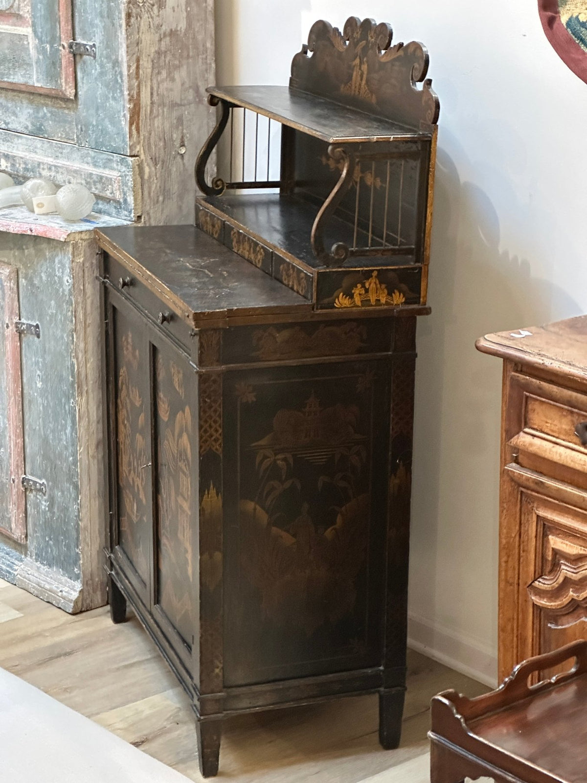 Regency Black Painted and Parcel - Gilt Chinoiserie Decorated Side Cabinet - Helen Storey Antiques