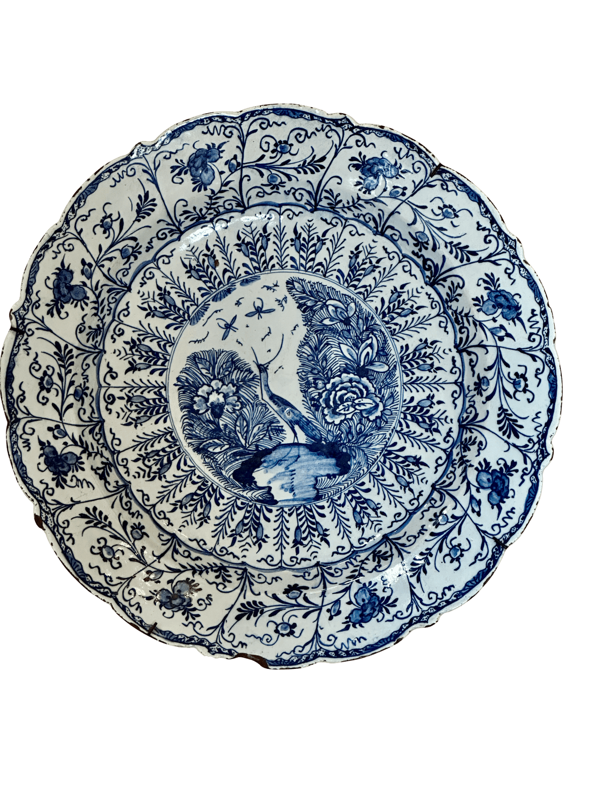 Scalloped Blue and White Delft Charger with Crane &amp; Floral Decoration, 18th Century - Helen Storey Antiques