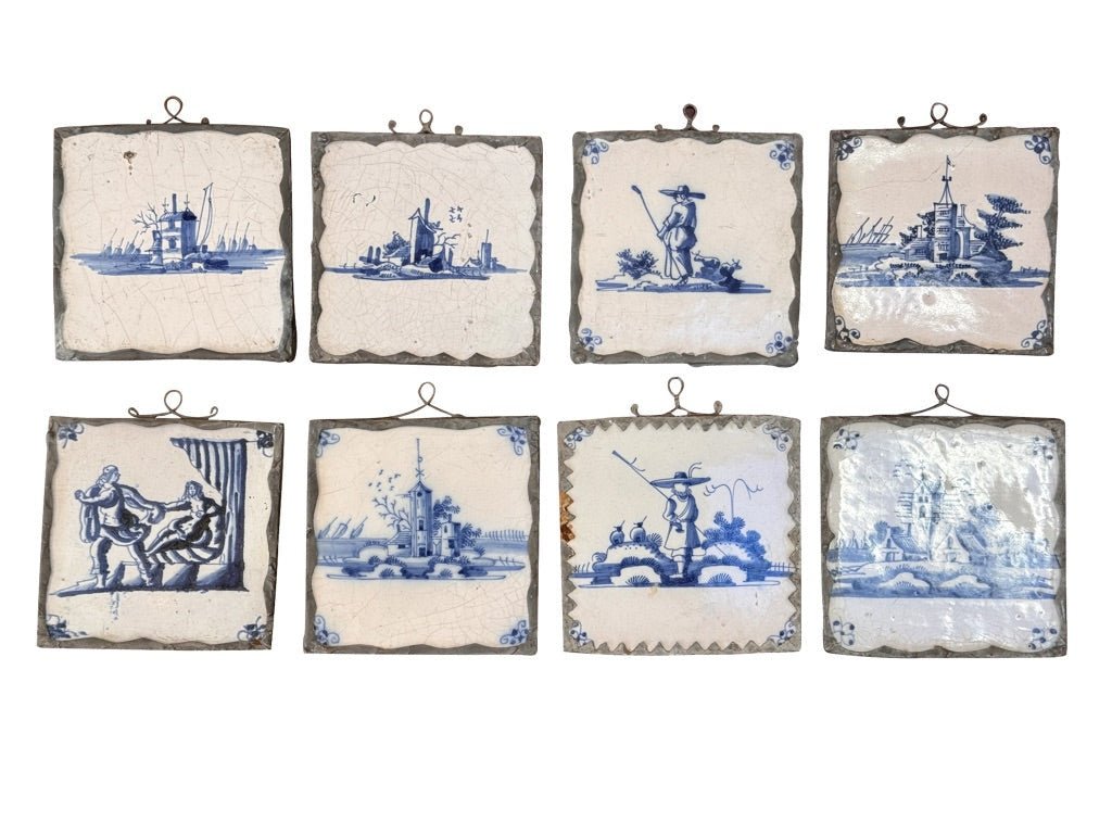 Set of Eight Dutch delft tiles, 18th century, Mounted for Hanging - Helen Storey Antiques