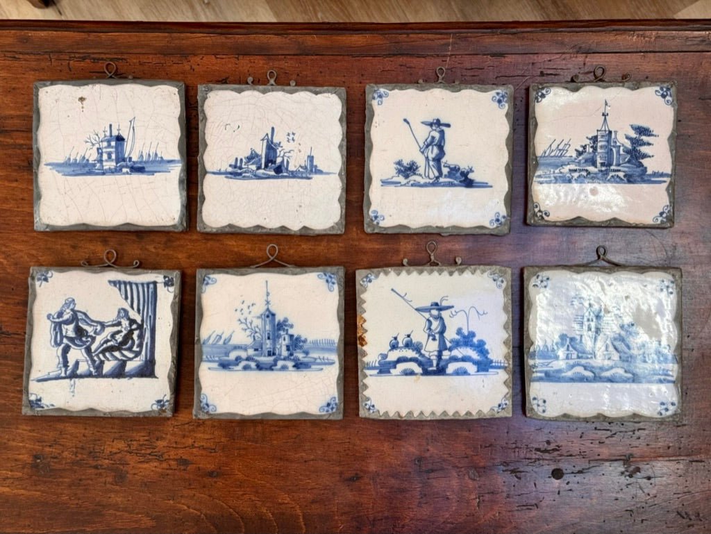 Set of Eight Dutch delft tiles, 18th century, Mounted for Hanging - Helen Storey Antiques