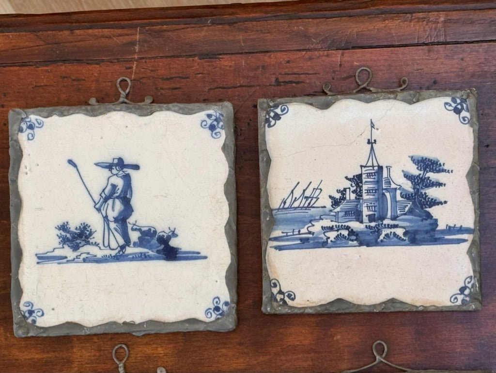 Set of Eight Dutch delft tiles, 18th century, Mounted for Hanging - Helen Storey Antiques