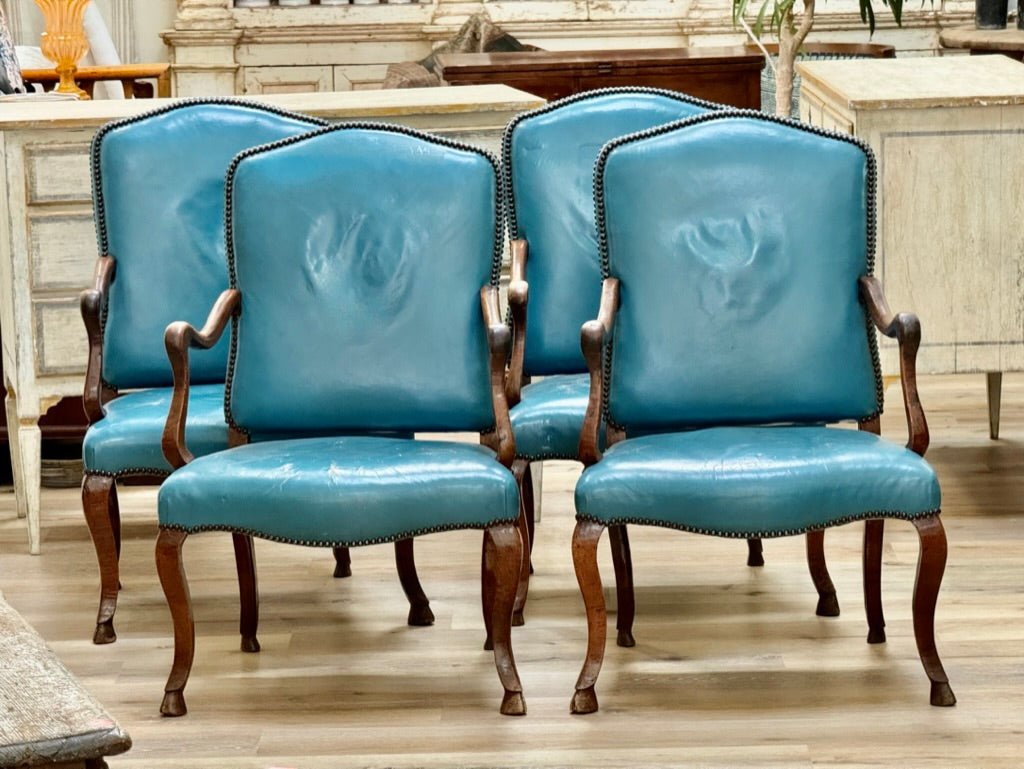 Set of Four 18th Century Italian Walnut Armchairs - blue leather upholstery - Helen Storey Antiques