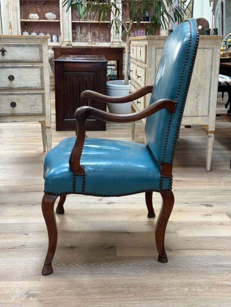 Set of Four 18th Century Italian Walnut Armchairs - blue leather upholstery - Helen Storey Antiques