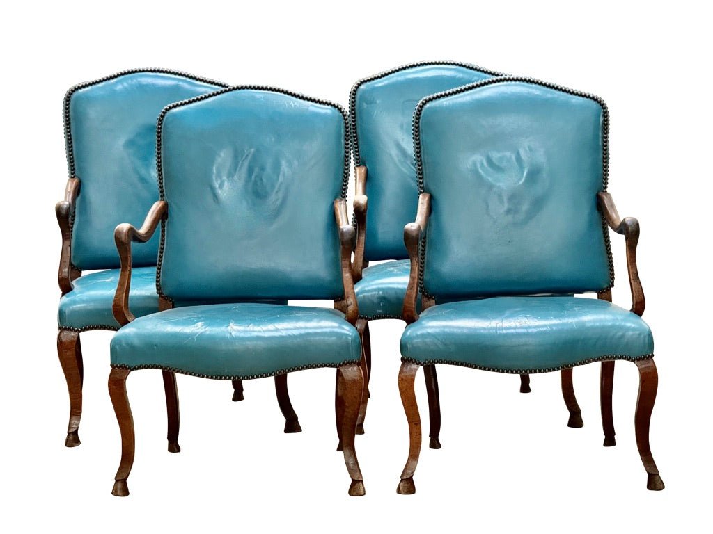 Set of Four 18th Century Italian Walnut Armchairs - blue leather upholstery - Helen Storey Antiques