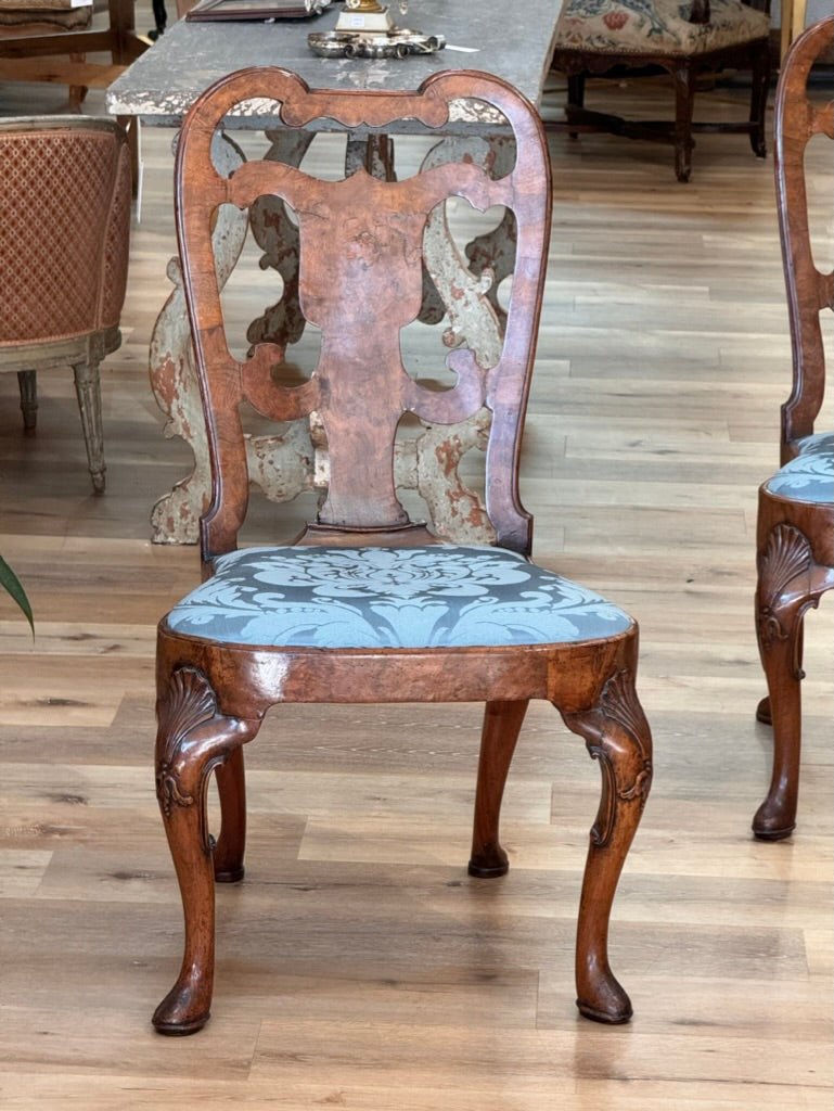 Set of Six George I Burlwood Veneered and Carved Dining Chairs - Helen Storey Antiques