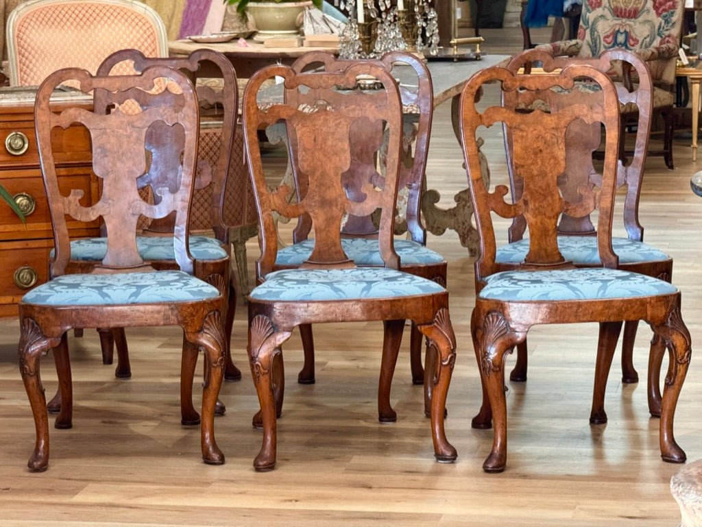 Set of Six George I Burlwood Veneered and Carved Dining Chairs - Helen Storey Antiques