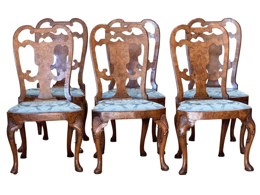 Set of Six George I Burlwood Veneered and Carved Dining Chairs - Helen Storey Antiques