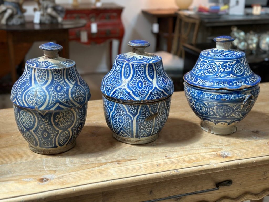 Set of Three Early Blue and White 19th Century Moroccan Tureens with Lids - Helen Storey Antiques