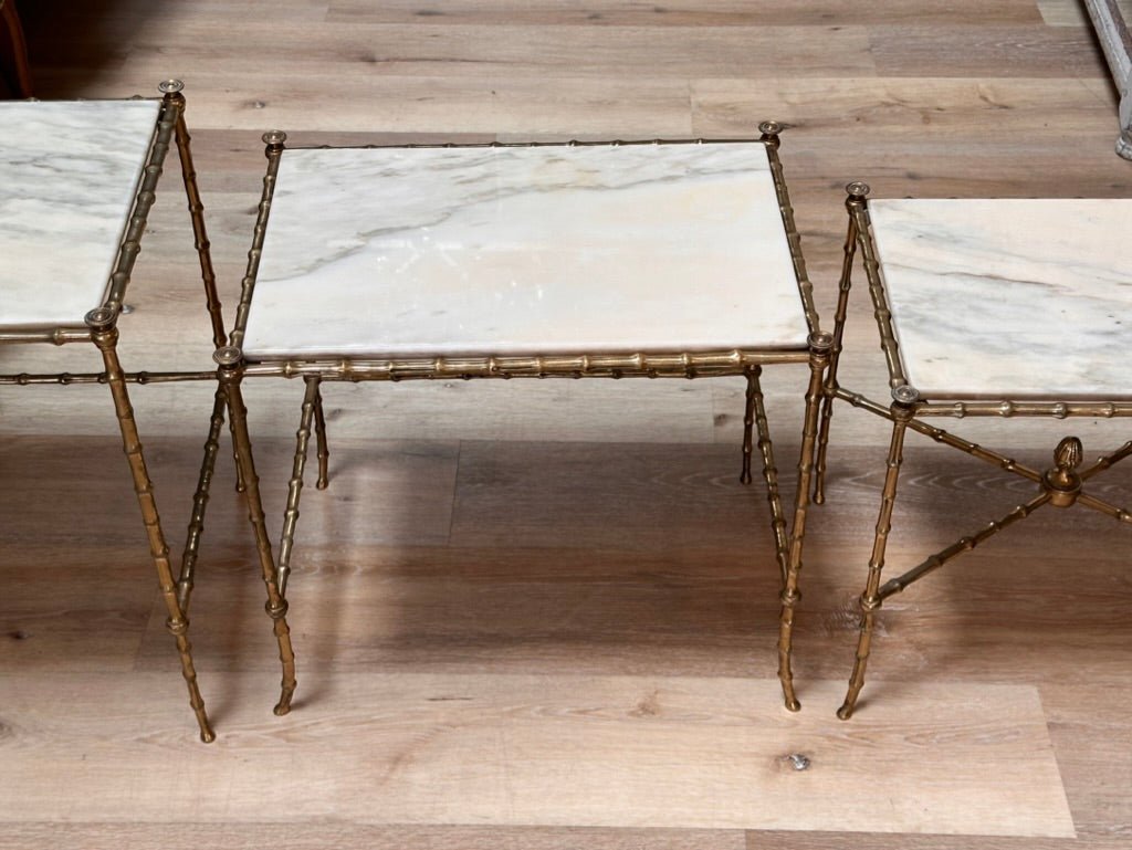 Set of Three French Mid - Century Faux - Bamboo Nesting Tables, gilt and marble - Helen Storey Antiques