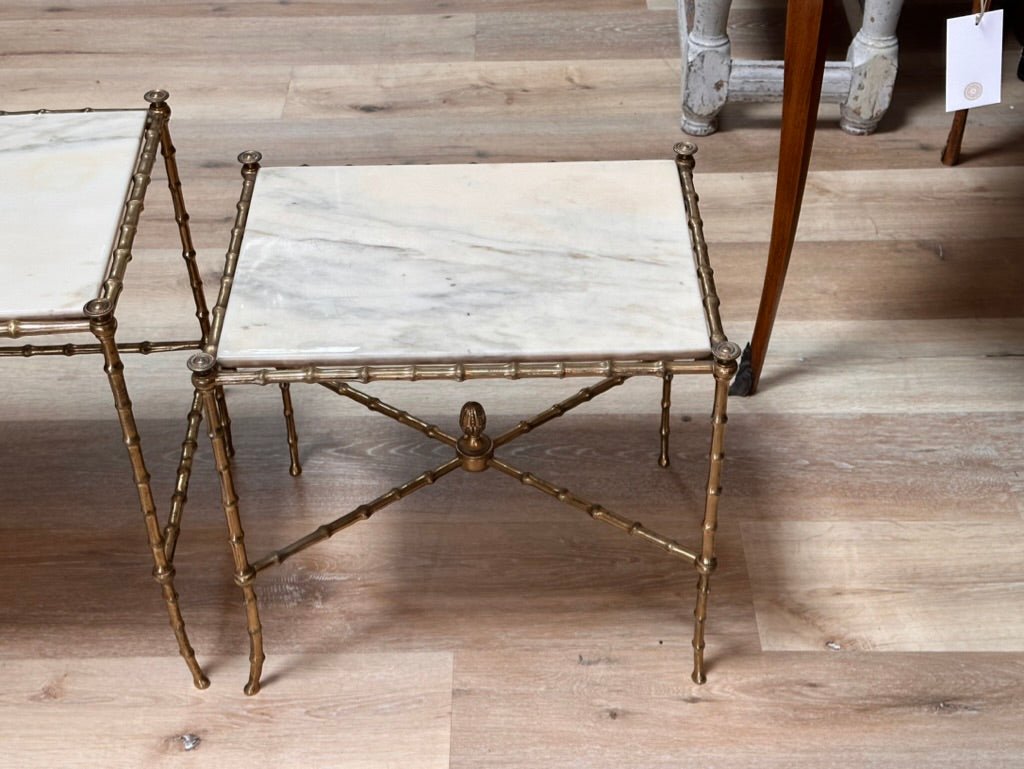 Set of Three French Mid - Century Faux - Bamboo Nesting Tables, gilt and marble - Helen Storey Antiques