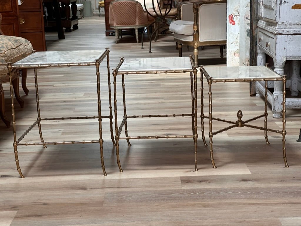 Set of Three French Mid - Century Faux - Bamboo Nesting Tables, gilt and marble - Helen Storey Antiques