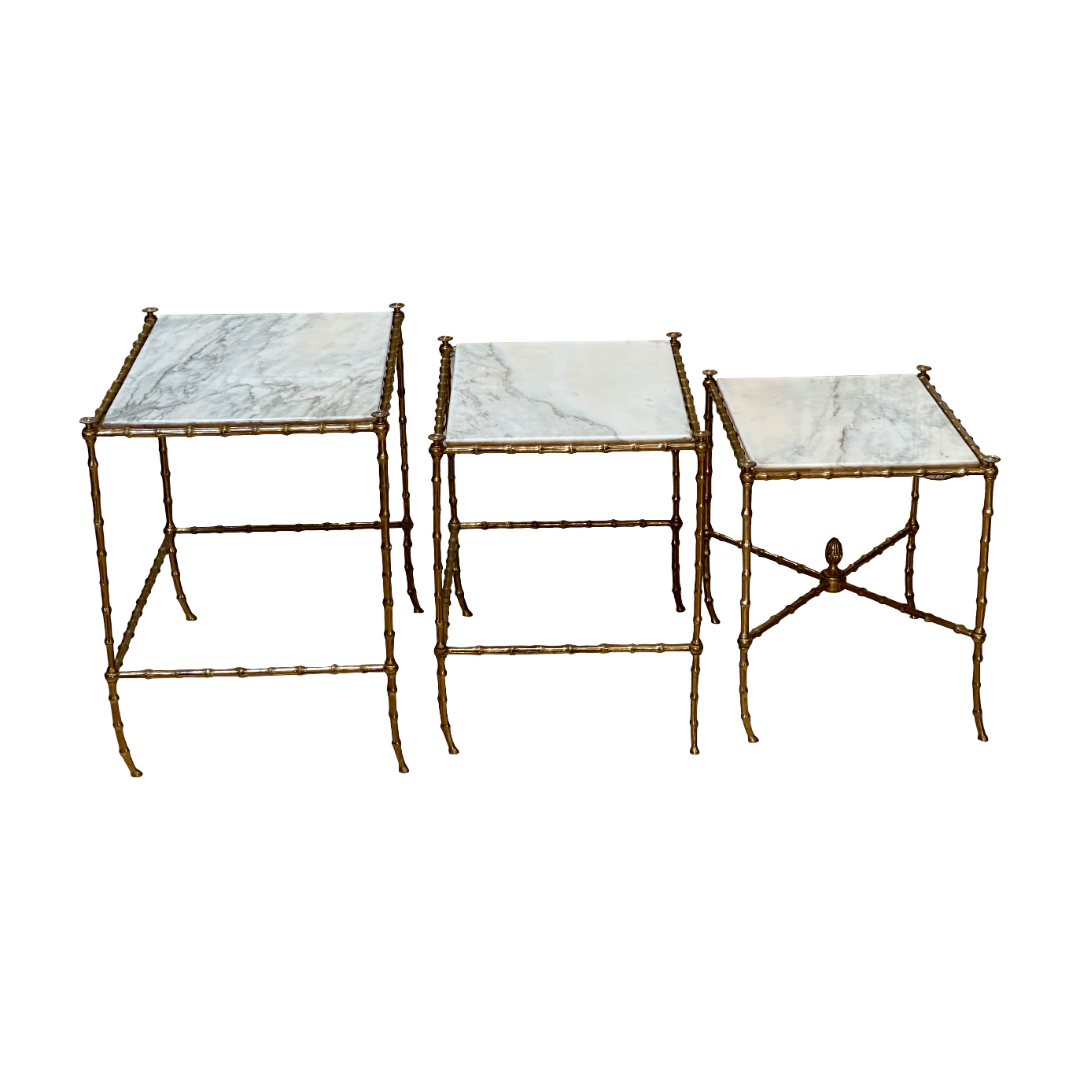 Set of Three French Mid - Century Faux - Bamboo Nesting Tables, gilt and marble - Helen Storey Antiques