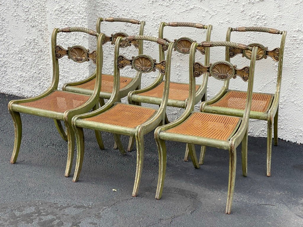 SIX ITALIAN 19TH CENTURY Painted SIDE CHAIRS WITH SHELL - CARVED BACK - Helen Storey Antiques