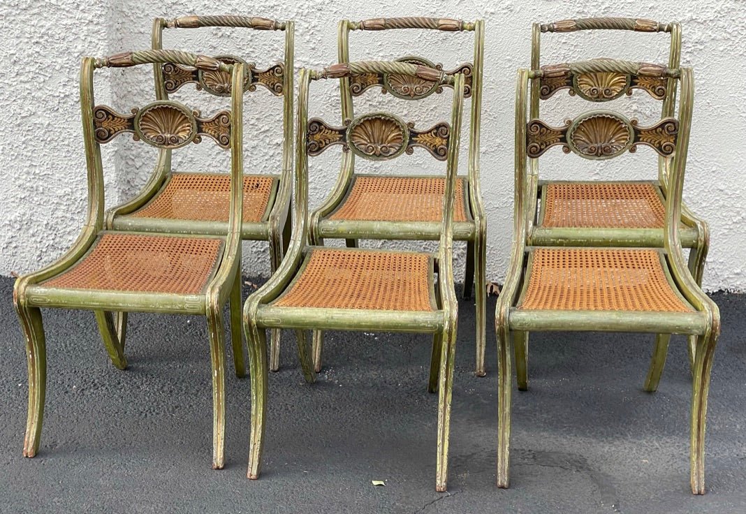 SIX ITALIAN 19TH CENTURY Painted SIDE CHAIRS WITH SHELL - CARVED BACK - Helen Storey Antiques