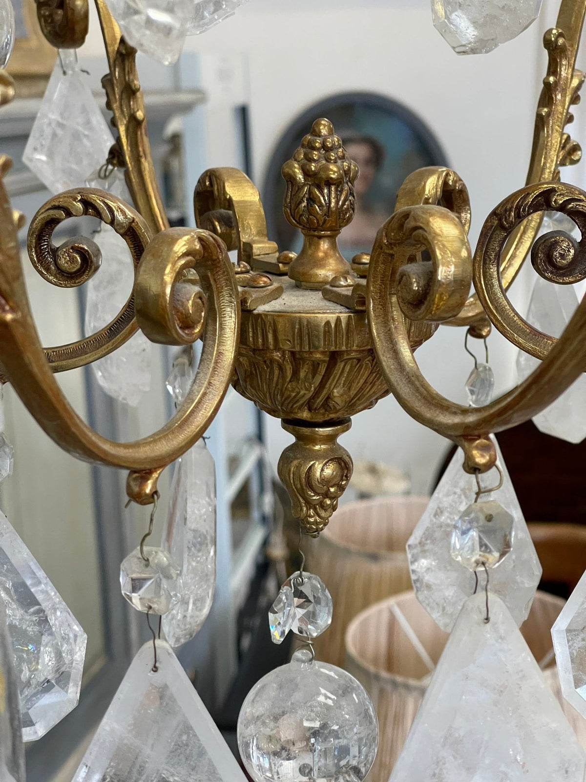 Small French Louis XV style gilt bronze and rock crystal eight light chandelier - Helen Storey Antiques