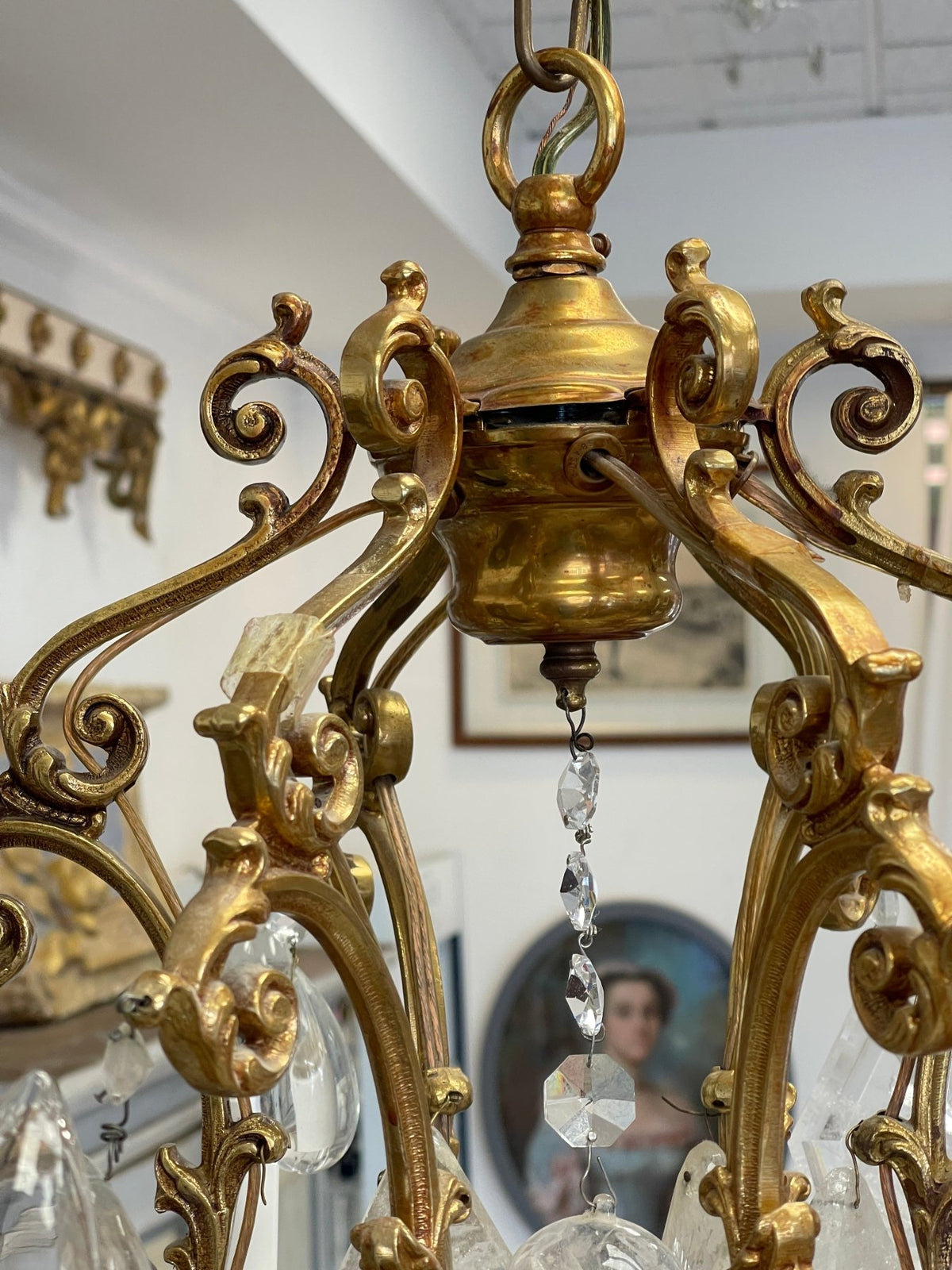 Small French Louis XV style gilt bronze and rock crystal eight light chandelier - Helen Storey Antiques