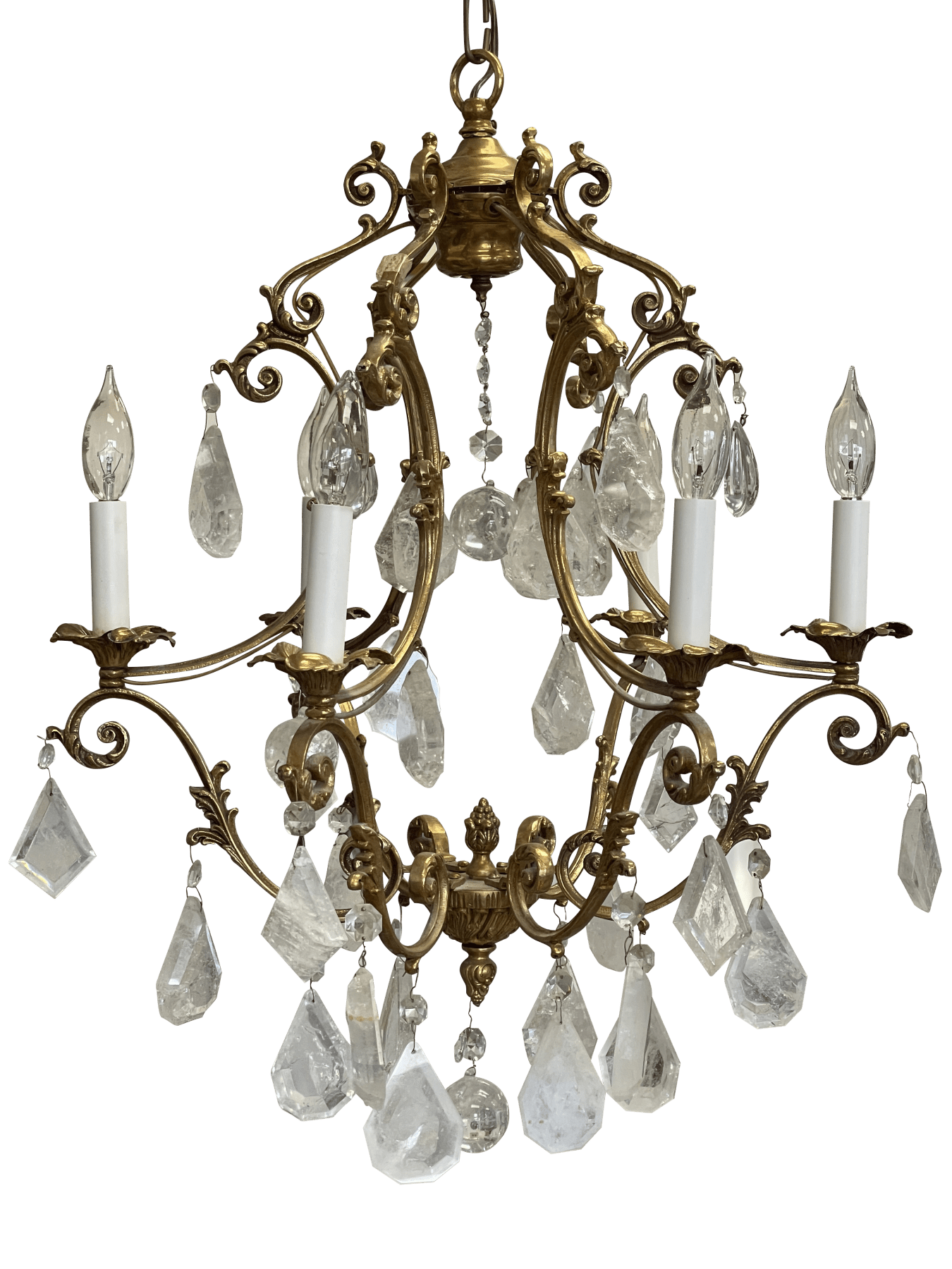 Small French Louis XV style gilt bronze and rock crystal eight light chandelier