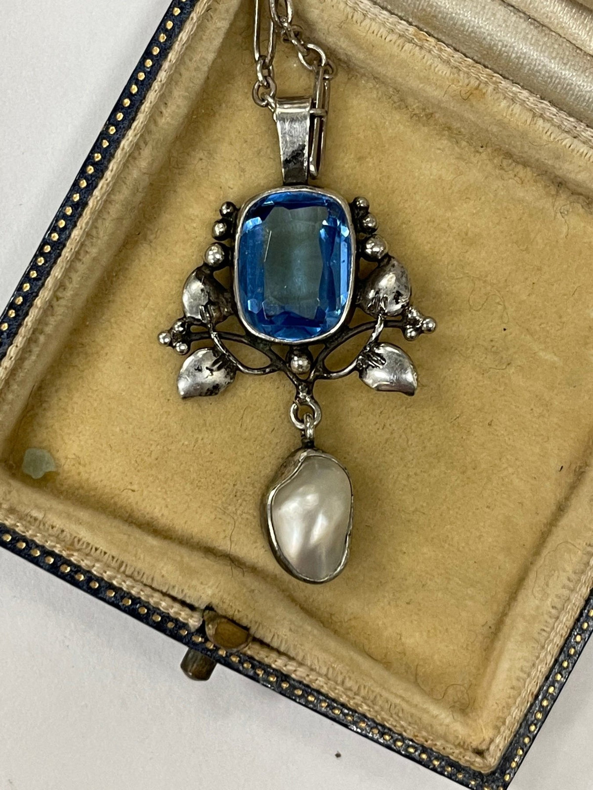 Sterling, Glass, and Pearl American Arts and Crafts Pendant Necklace - Helen Storey Antiques