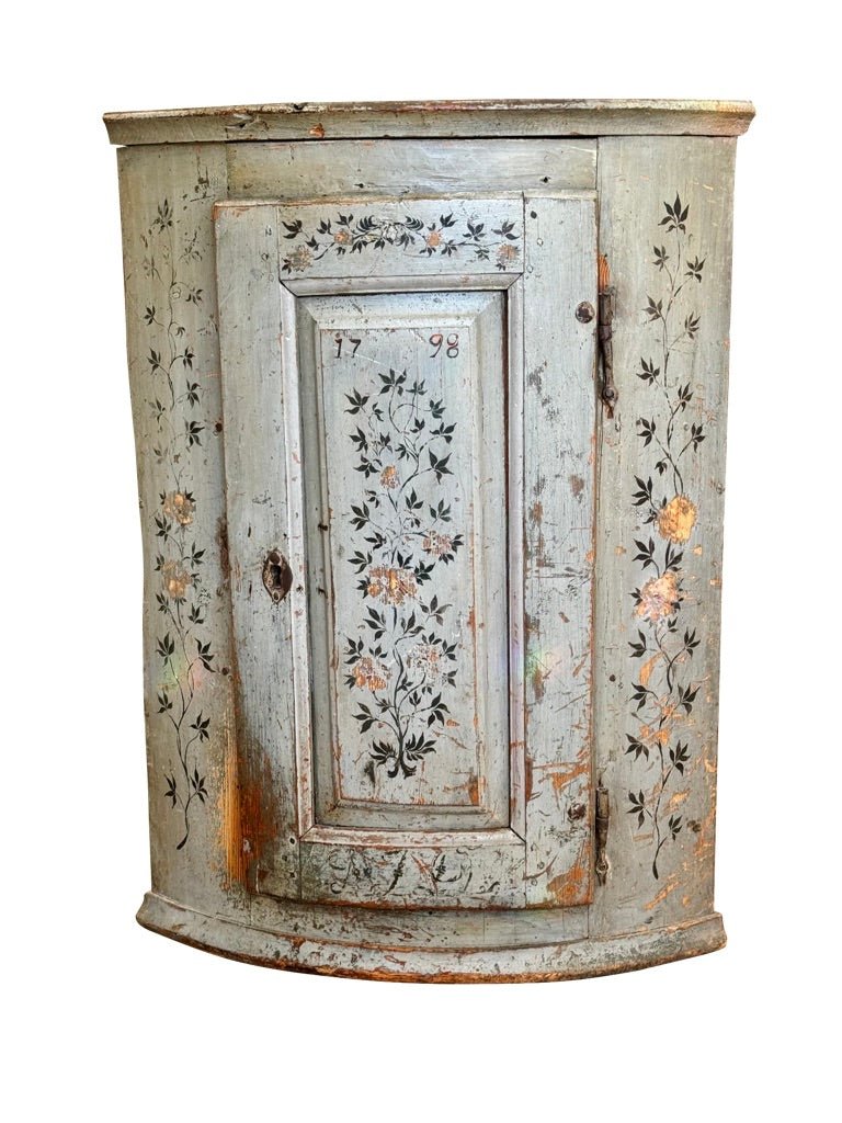 Swedish Gustavian Hanging Corner Cupboard, 18th Century Floral Polychrome - Helen Storey Antiques