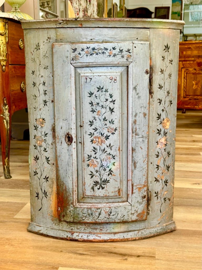 Swedish Gustavian Hanging Corner Cupboard, 18th Century Floral Polychrome - Helen Storey Antiques