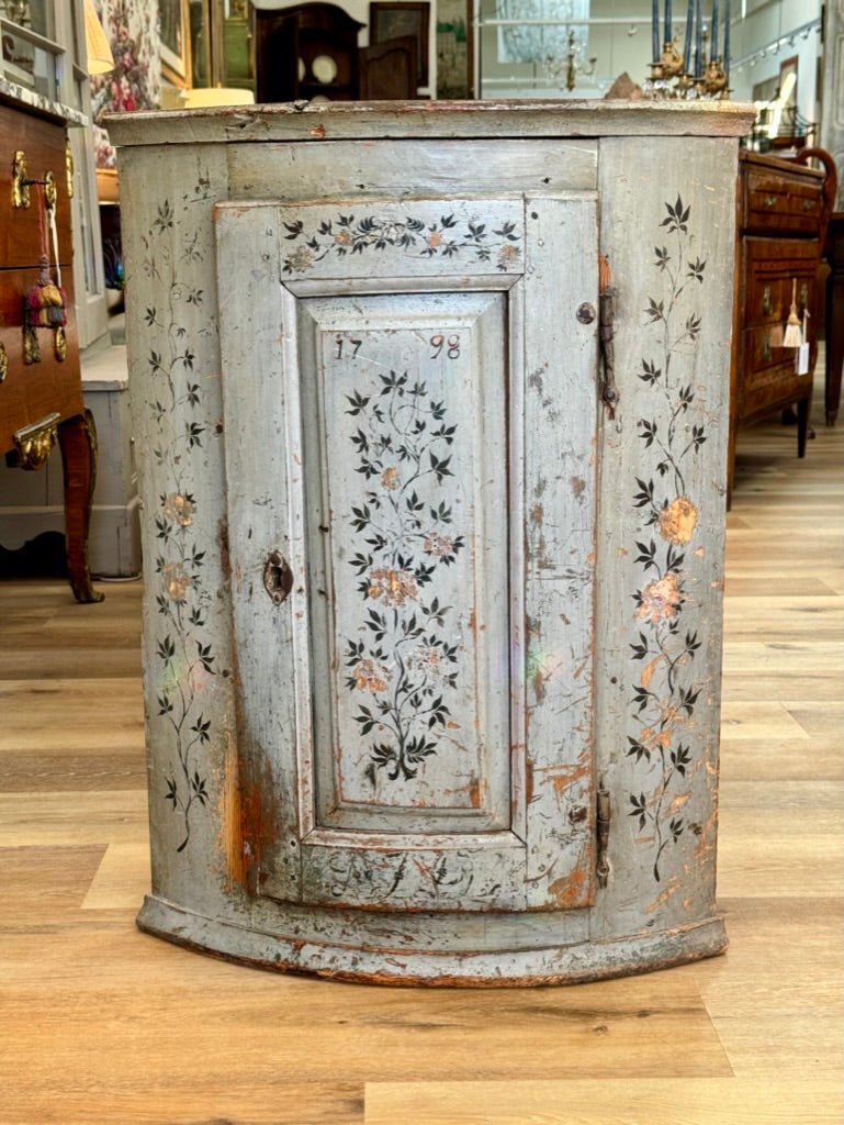 Swedish Gustavian Hanging Corner Cupboard, 18th Century Floral Polychrome - Helen Storey Antiques