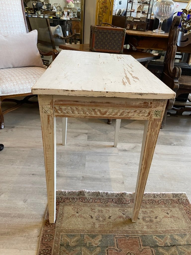 Swedish Side Table, White with Carving and Blue Accents, 19th Century - Helen Storey Antiques