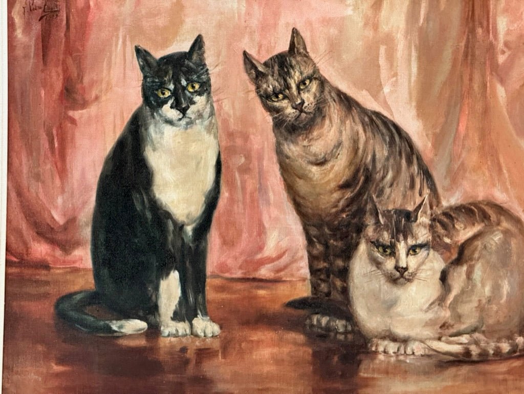 Three Cats, 1929 Oil on Canvas by Pedro Cruz (1888 - 1980) - Helen Storey Antiques