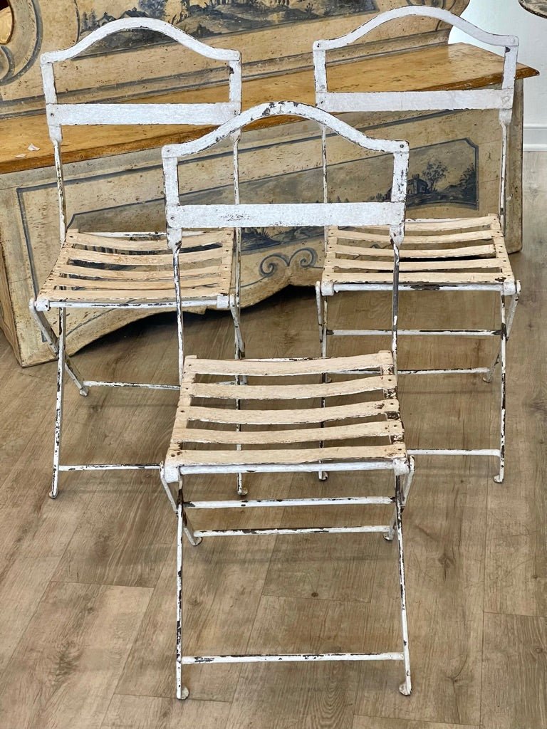 Three French Vintage White Folding Cafe Chairs - Helen Storey Antiques