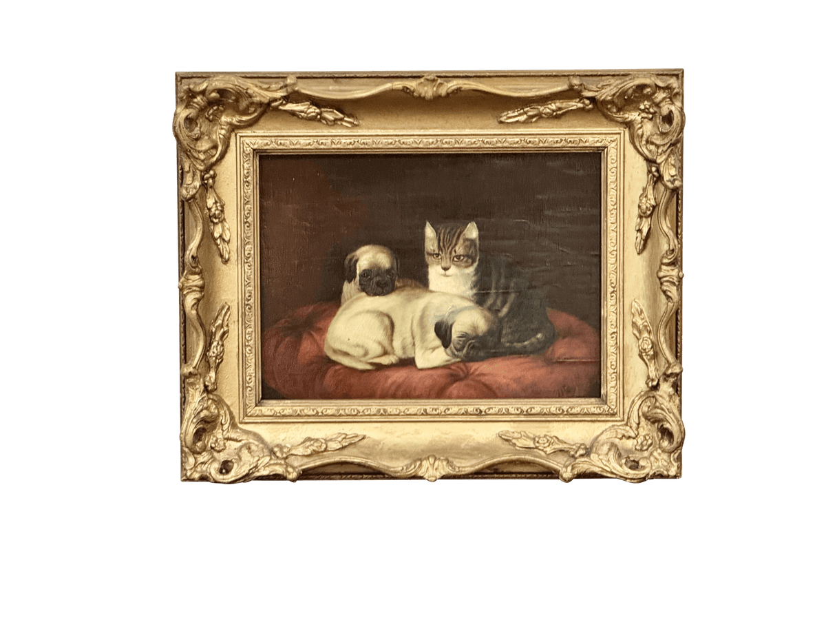 Two Pugs and a Cat 19th Century Oil Painting - Helen Storey Antiques