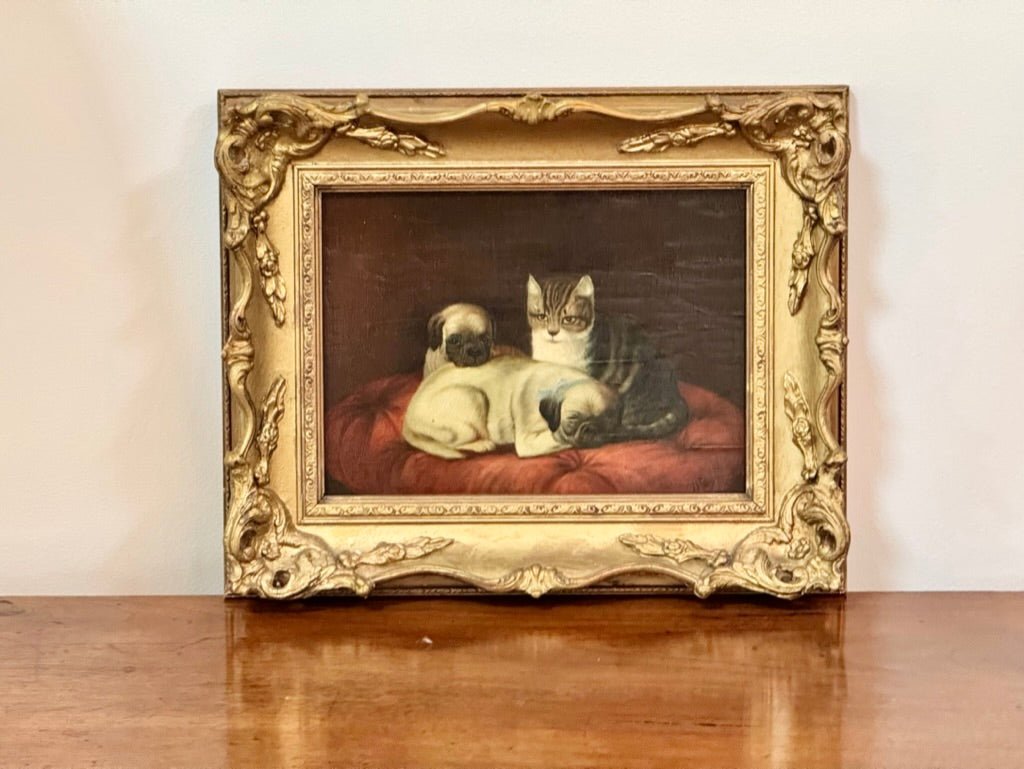 Two Pugs and a Cat 19th Century Oil Painting - Helen Storey Antiques