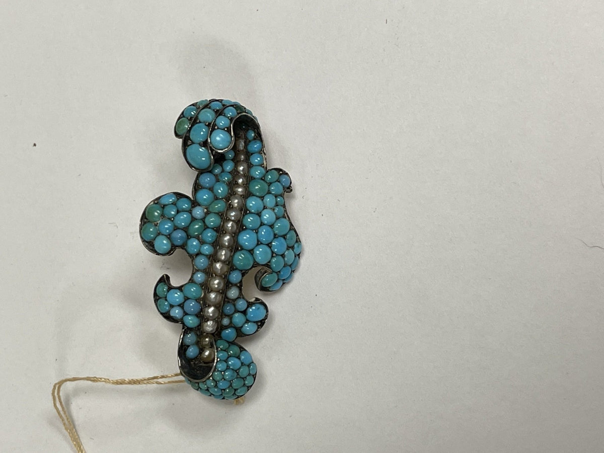 Victorian Leaf - Form Brooch with Turquoise &amp; Pearls - Helen Storey Antiques